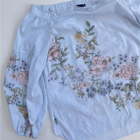 Kaari Blue White Blue Striped Floral Off Shoulder Bell Sleeve Blouse Size Large - Picture 1 of 9